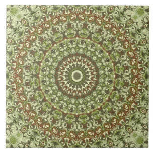 Azulejo Diseño de patrón de mandala verde terroso y marrón