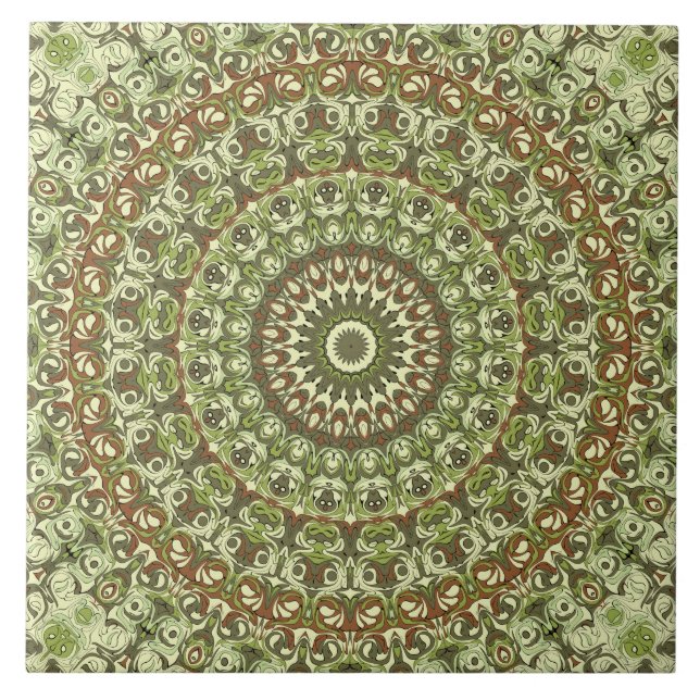 Azulejo Diseño de patrón de mandala verde terroso y marrón (Frente)