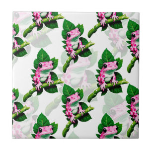 Azulejo Diseño de patrón de rana rosa en hoja verde