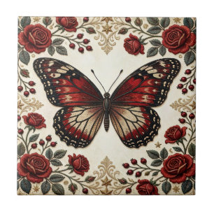 Azulejo Diseño de patrón vintage de rosa mariposa roja ele