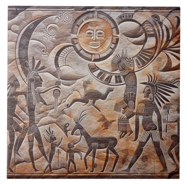 Azulejo Diseño de petroglifos del suroeste con sol y luna (Frente)