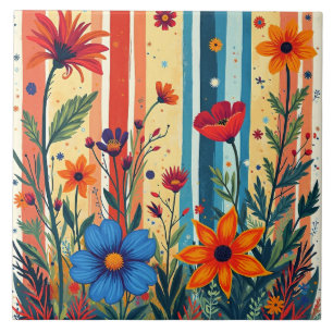 Azulejo Diseño de rayas florales coloridas