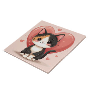 Azulejo Diseño de San Valentín de Gato Calico Kawaii