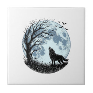 Azulejo Diseño de silueta de árbol de luna aullando lobo v