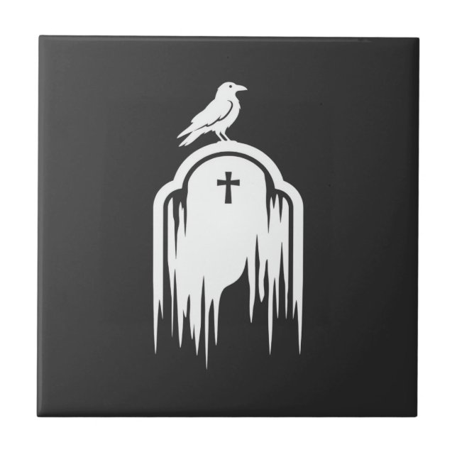 Azulejo Diseño de silueta de lápida de cuervo de Halloween (Frente)