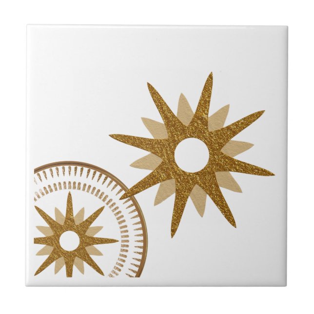 Azulejo Diseño de Starburst Celestial de Oro y Blanco (Frente)