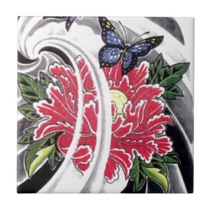 Azulejo Diseño de Tatuaje de Flor de Peonía y Mariposa