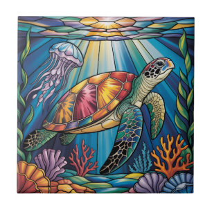 Azulejo Diseño de tortuga marina de vidrio emplomado vibra