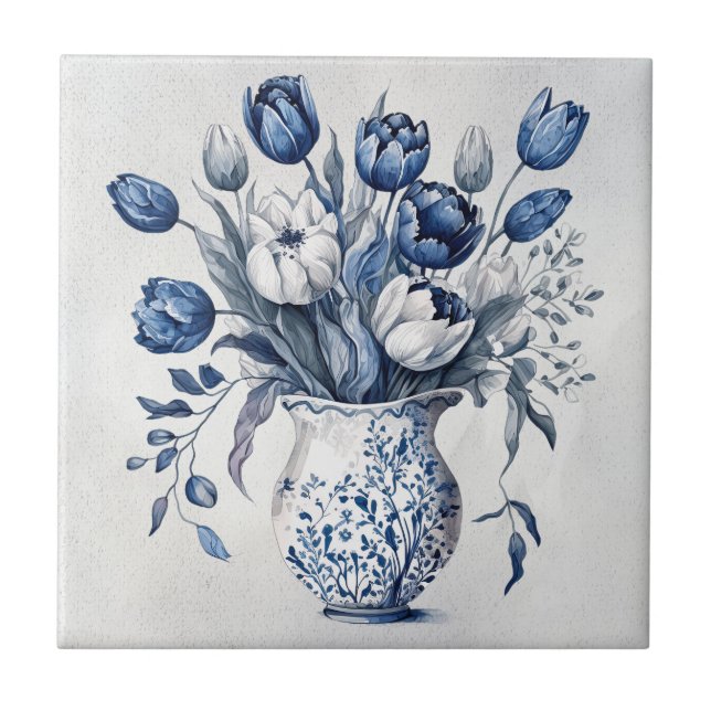 Azulejo Diseño de tulipanes estilo Delft azul y blanco (Frente)