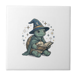 Azulejo Diseño de vector de brujo de tortuga linda leyendo