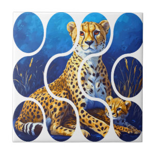 Azulejo Diseño de vida silvestre de madre y cría de guepar