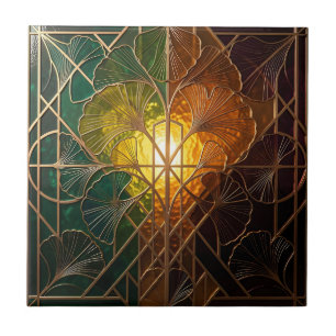 Azulejo Diseño de vidrio emplomado con hoja de Ginkgo Art 