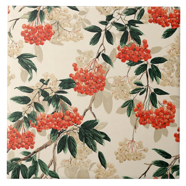 Azulejo Diseño decorativo de bayas rojas y blancas (Frente)