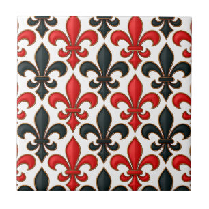Azulejo Diseño del patrón rojo negro barroco Fleur-de-lis