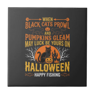Azulejo Diseño Feliz de Pesca de Calabaza de Gato Negro de
