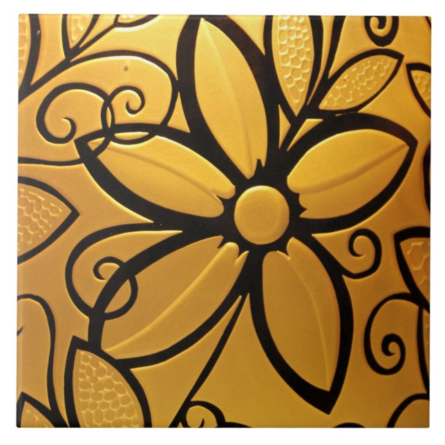 Azulejo Diseño floral amarillo dorado radiante (Frente)