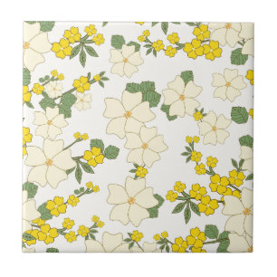 Azulejo Diseño floral amarillo limón pintado en tonos pa