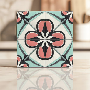 Azulejo Diseño floral Art Deco en rosa, negro y menta
