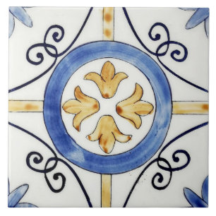 Azulejo - Diseño Floral Azul y Naranja