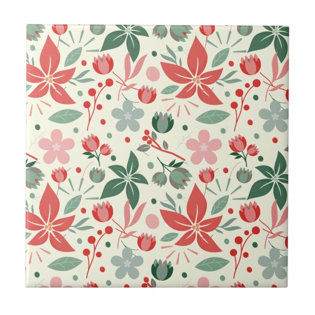 Azulejo Diseño floral brillante con hojas verdes y puntos (Frente)