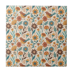 Azulejo Diseño floral de flores y pájaros del arte popular