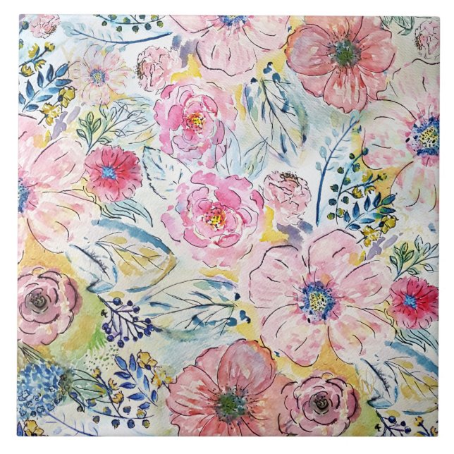 Azulejo Diseño floral de pintura a mano acuarela (Frente)