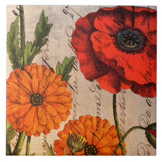 Azulejo Diseño floral del vintage con la amapola roja