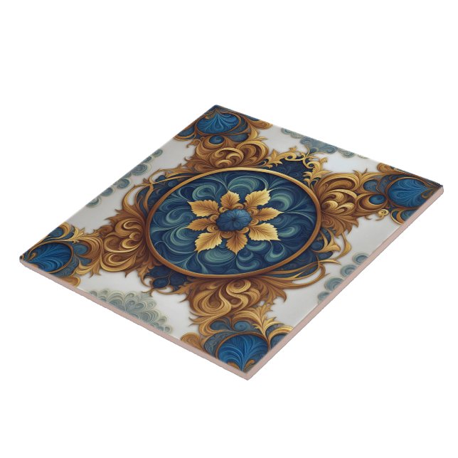 Azulejo Diseño floral intrincado en azul y oro (Lado)