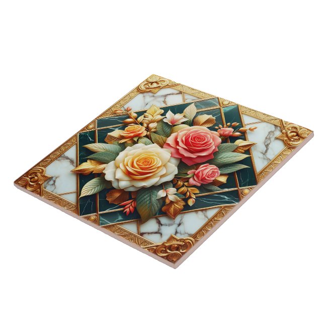 Azulejo Diseño floral Rosa con acentos dorados (Lado)