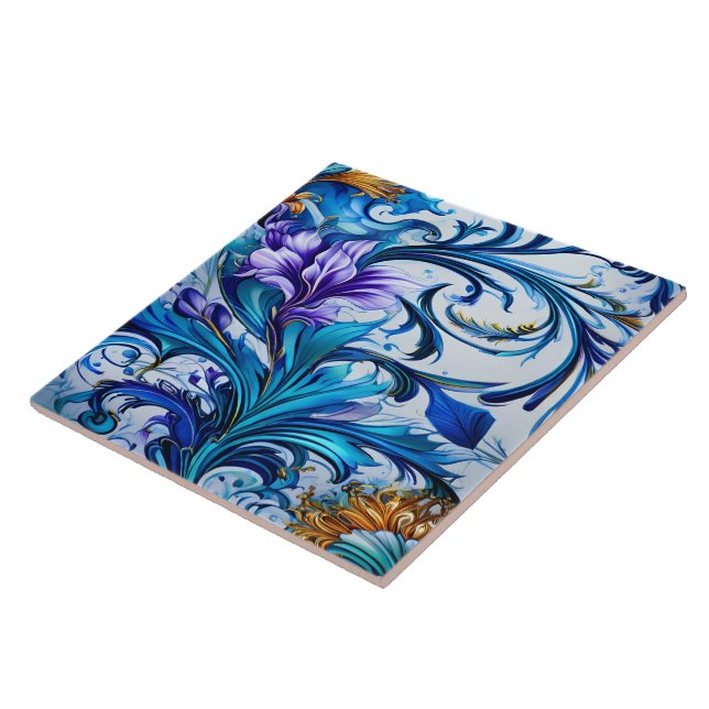 Azulejo Diseño florístico vibrante con acentos azul y púrp (Lado)