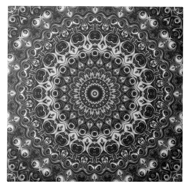 Azulejo Diseño geométrico de Mandala en blanco y negro (Frente)