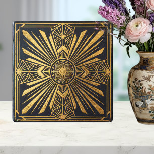 Azulejo Diseño geométrico negro dorado de ráfaga solar Art