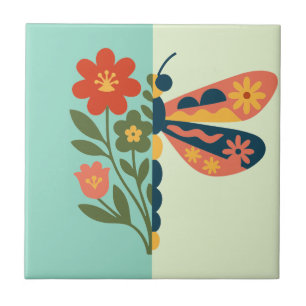 Azulejo Diseño gráfico de flor y mariposa colorido
