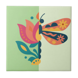 Azulejo Diseño gráfico de insecto y flor juguetón