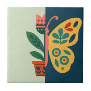 Azulejo Diseño gráfico dividido floral y mariposa colorido