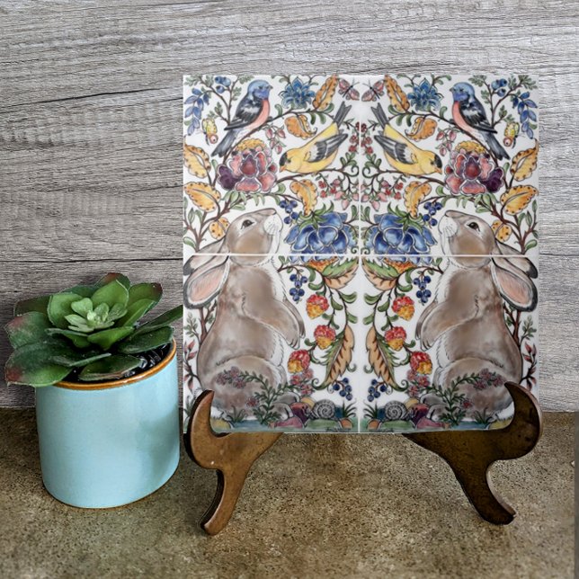 Azulejo Diseño Jacobean de Bonito de pájaro conejo marrón (Subido por el creador)