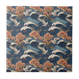 Azulejo Diseño Japonés Grulla y Flor de Cerezo Chinoiserie