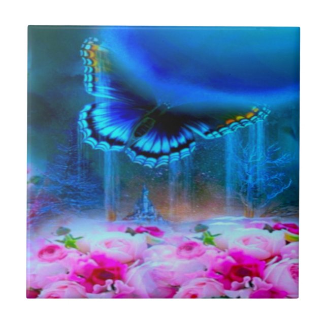 Azulejo Diseño moderno y elegante de rosa con mariposa azu (Frente)