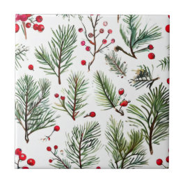 Azulejo Diseño navideño de berries rojas y pinos
