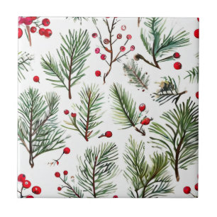 Azulejo Diseño navideño de berries rojas y pinos