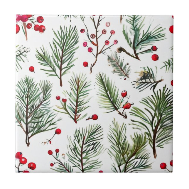 Azulejo Diseño navideño de berries rojas y pinos (Frente)