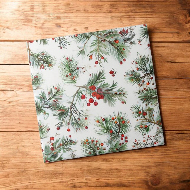 Azulejo Diseño navideño de berries rojas y pinos (Subido por el creador)