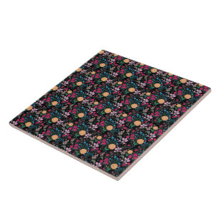 Azulejo Diseño negro floral rosa y amarillo pequeño boni