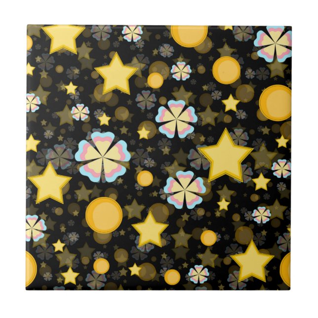 Azulejo Diseño negro Purpurina de las flores de Sun Stars (Frente)