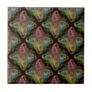 Azulejo Diseño Paisley Multicolor sobre Negro