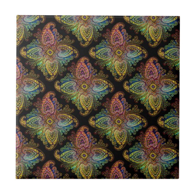 Azulejo Diseño Paisley Multicolor sobre Negro (Frente)