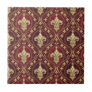 Azulejo Diseño Real de Terciopelo Rojo con Flor de Lis Dor