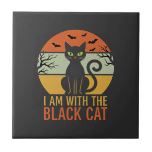 Azulejo Diseño Retro Atardecer Gato Negro Halloween