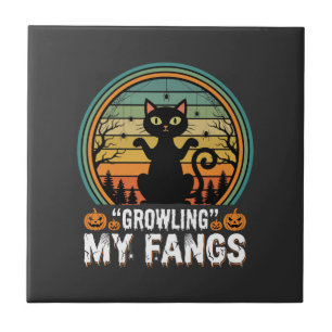 Azulejo Diseño Retro de Halloween Gato Negro Gruñendo Mis