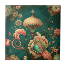 Azulejo Diseño retro vintage verde floral Tile cerámico